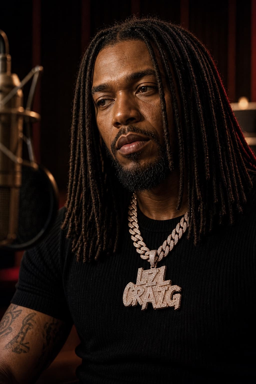 Close-up portrait of Lil Craig Of 2Reel wearing the LIL CRAIG pendant