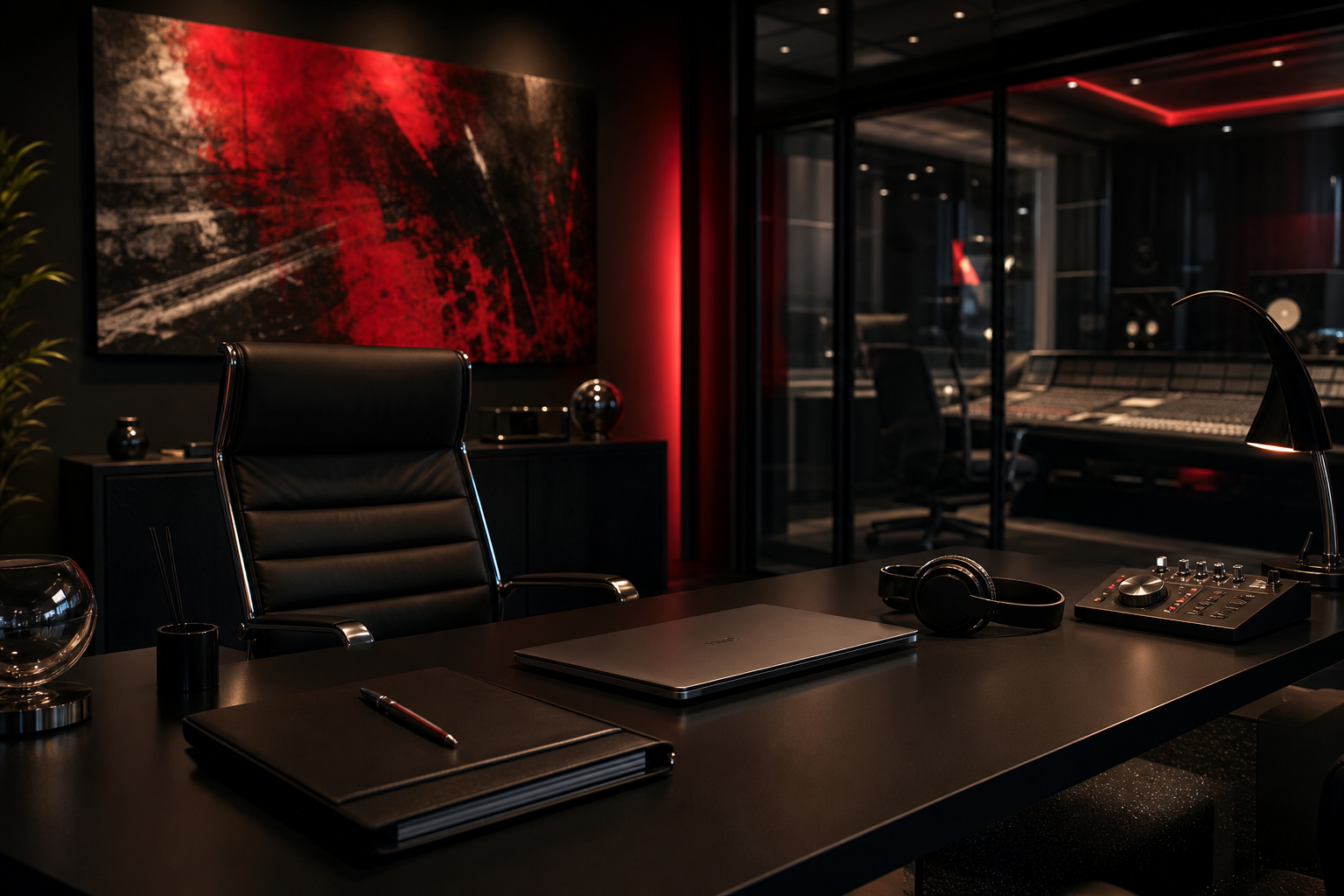 Executive creative studio office with production room in the background