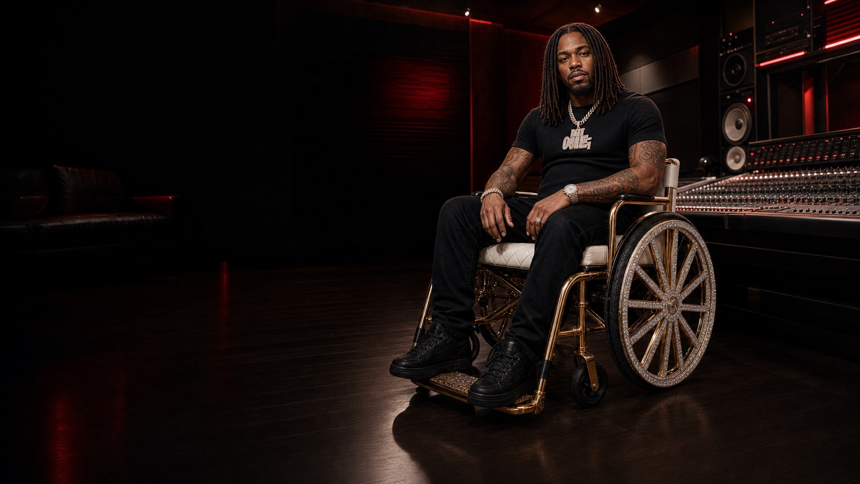 Lil Craig Of 2Reel seated in a custom gold wheelchair inside a premium recording studio