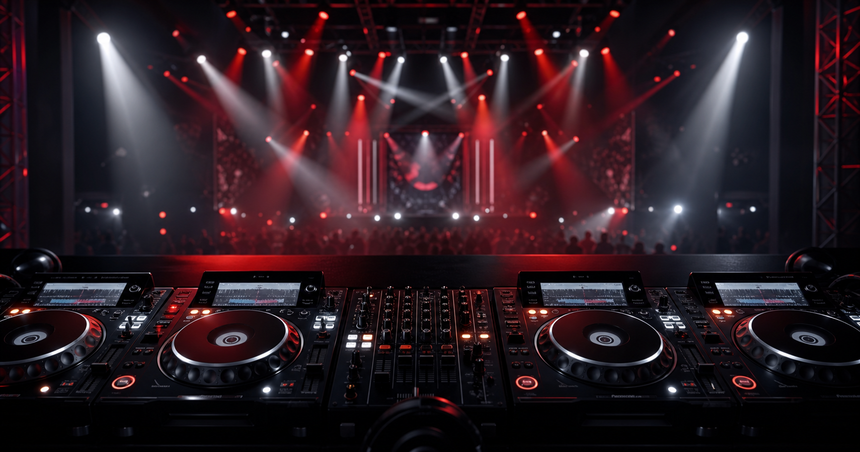 Live DJ stage with red lighting, speakers, and event energy