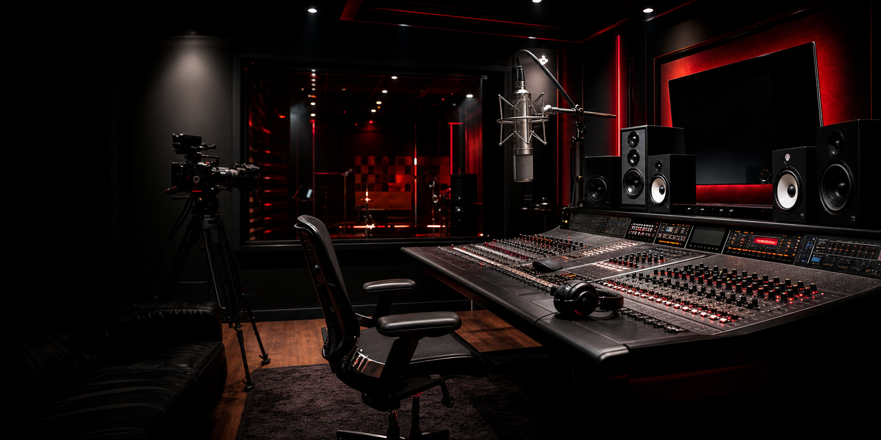 Premium recording studio control room with cinematic red lighting