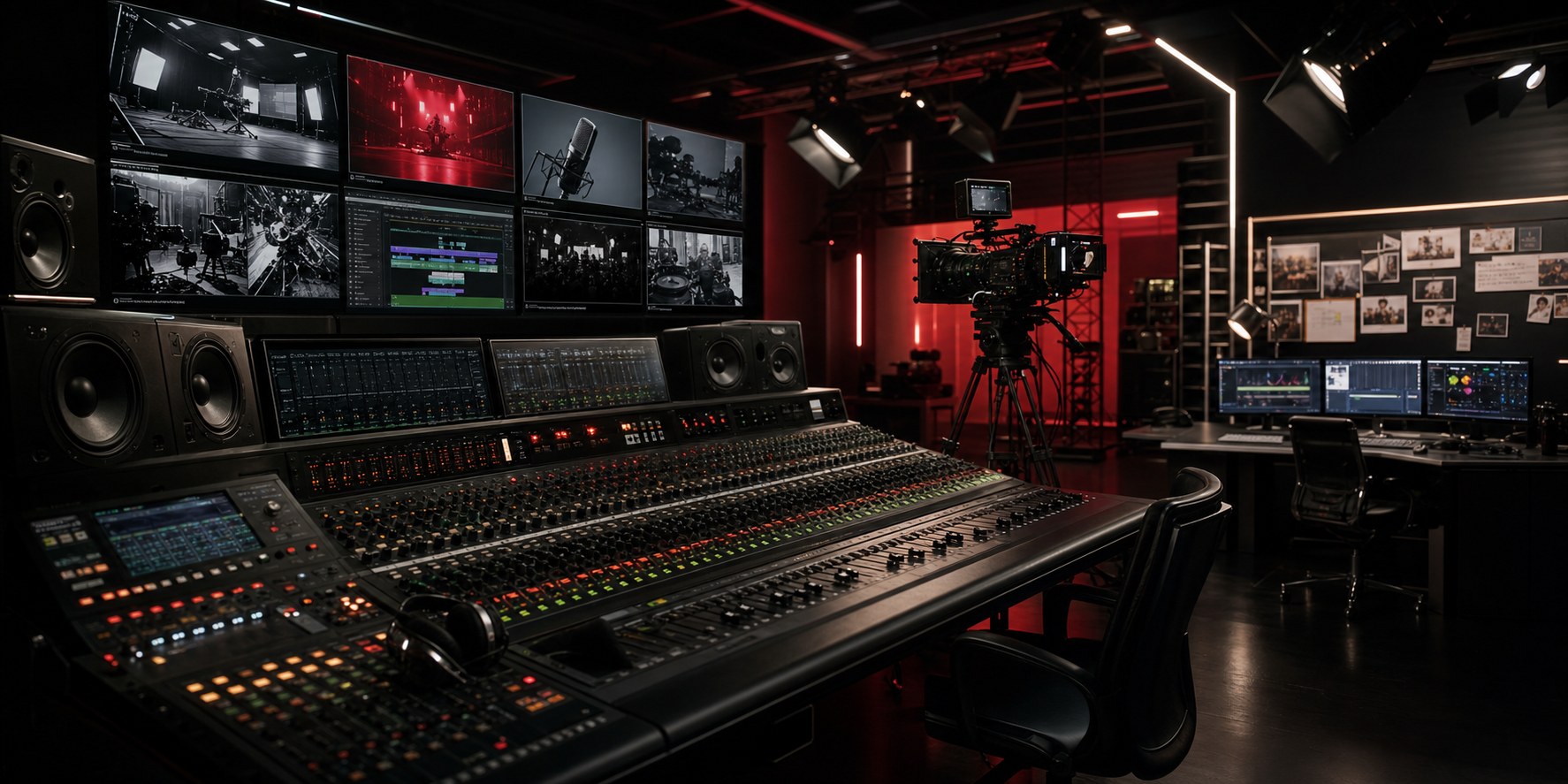 Cinematic multimedia production control room with audio console, camera rig, monitor wall, and studio lighting
