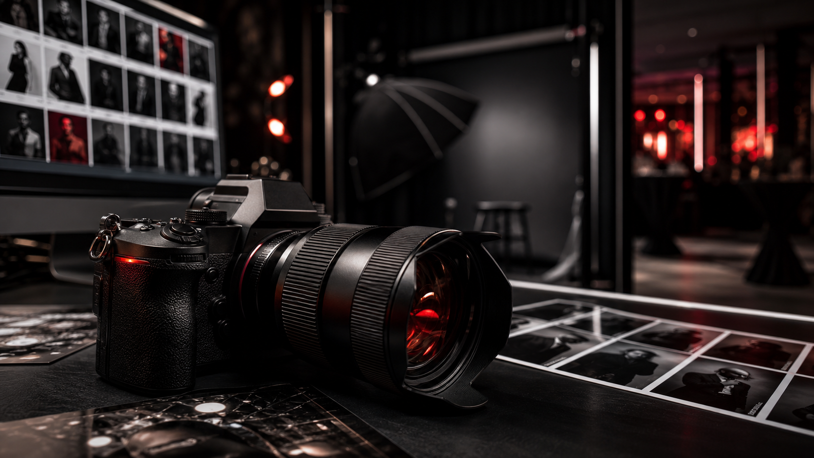 Professional camera lens in a cinematic photography studio with portrait lighting and contact sheets